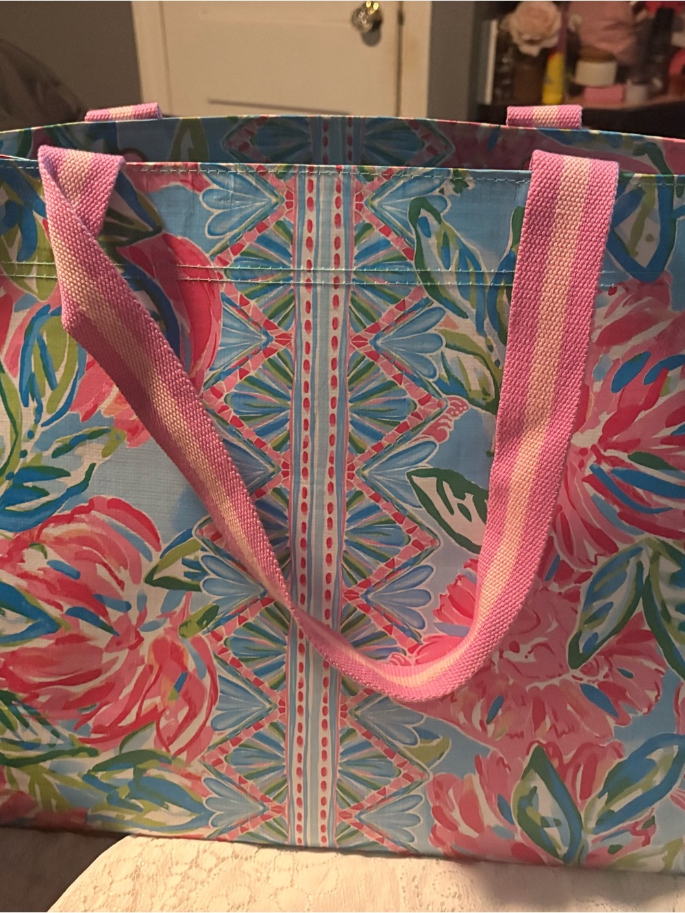 Lilly Pulitzer Blue Floral Tote with Pink Handles